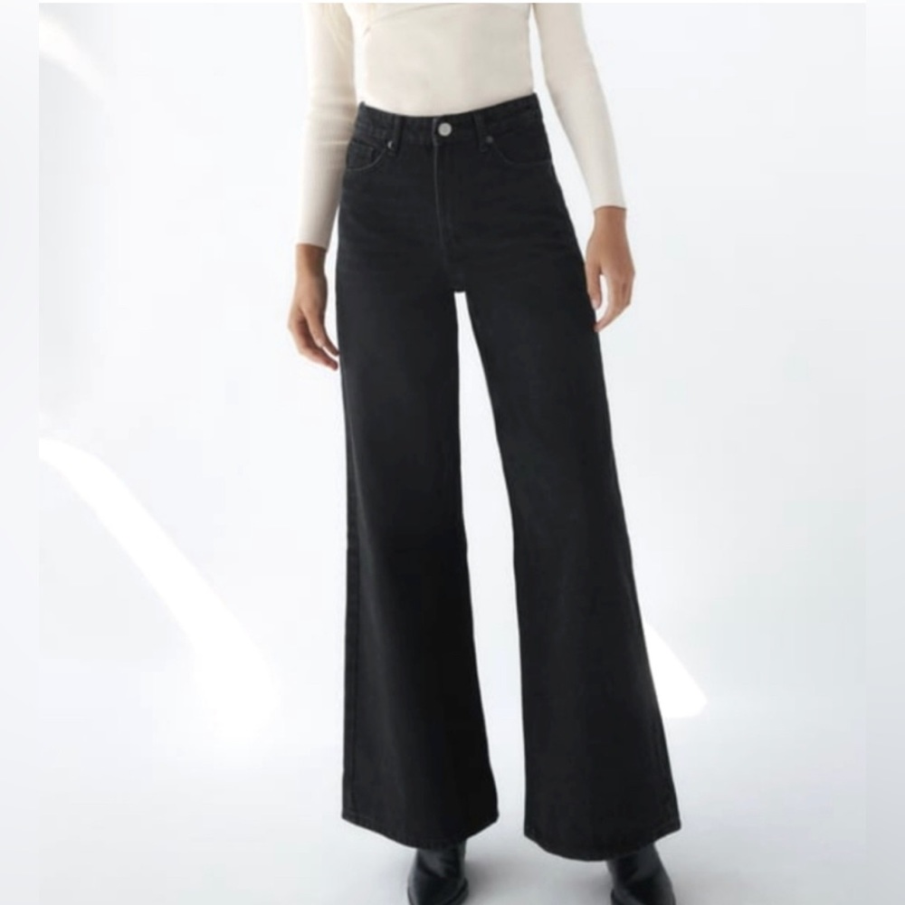 Zara TRF High Rise Wide Leg Black Denim Jeans 90s Size 0